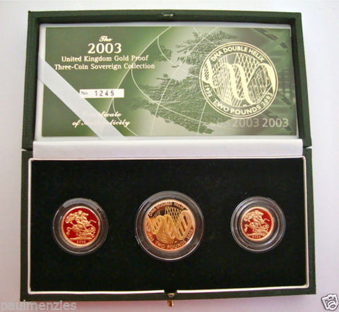 2003 GOLD PROOF THREE COIN SET COLLECTION £2 SOVEREIGN 1/2 HALF SOVEREIGN
