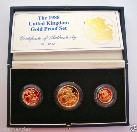 1988 GOLD PROOF THREE COIN SET COLLECTION £2 SOVEREIGN 1/2 HALF SOVEREIGN