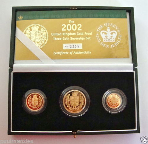 2002 GOLD PROOF THREE COIN SET COLLECTION £2 SOVEREIGN 1/2 HALF SOVEREIGN
