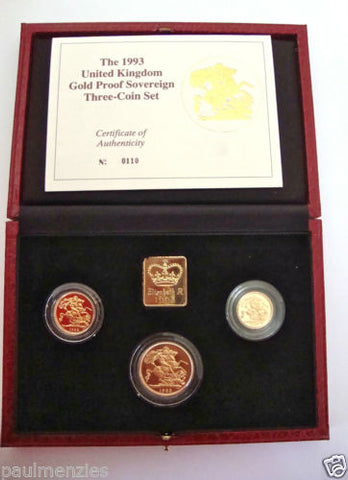 1993 GOLD PROOF THREE COIN SET COLLECTION £2 SOVEREIGN 1/2 HALF SOVEREIGN