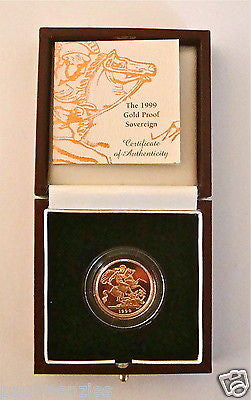 1999 QUEEN ELIZABETH II GOLD FULL PROOF SOVEREIGN with BOX & COA
