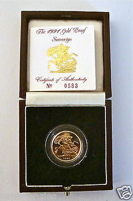 1991 QUEEN ELIZABETH II GOLD FULL PROOF SOVEREIGN with BOX & COA