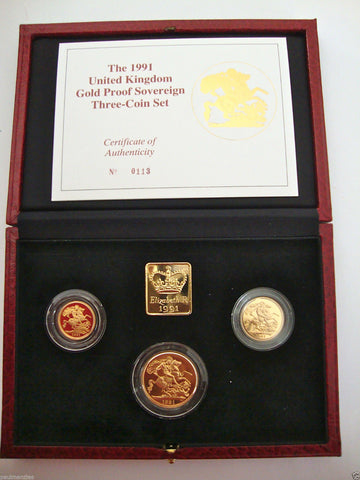1991 GOLD PROOF THREE COIN SET COLLECTION £2 SOVEREIGN 1/2 HALF SOVEREIGN