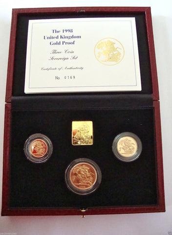 1998 GOLD PROOF THREE COIN SET COLLECTION £2 SOVEREIGN 1/2 HALF SOVEREIGN