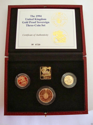 1994 GOLD PROOF THREE COIN SET COLLECTION £2 SOVEREIGN 1/2 HALF SOVEREIGN