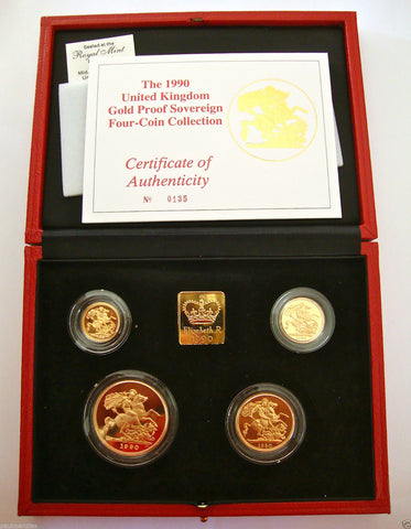 1990 GOLD PROOF FOUR COIN SET £5 £2 SOVEREIGN 1/2 HALF SOVEREIGN