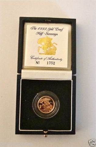 1993 ROYAL MINT ST GEORGE SOLID 22K GOLD PROOF HALF SOVEREIGN COIN BOX COA
