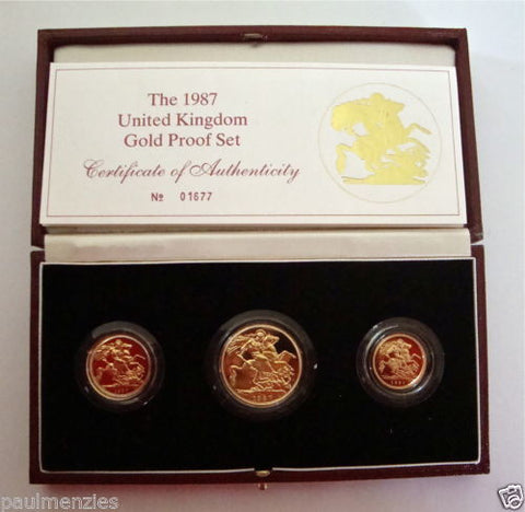 1987 GOLD PROOF THREE COIN SET COLLECTION £2 SOVEREIGN 1/2 HALF SOVEREIGN