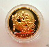 1993 ROYAL MINT ST GEORGE SOLID 22K GOLD PROOF HALF SOVEREIGN COIN BOX COA