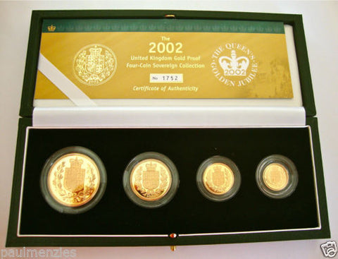 2002 GOLDEN JUBILEE GOLD PROOF FOUR COIN SET £5 £2 SOVEREIGN 1/2 HALF SOVEREIGN
