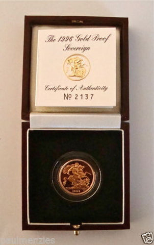 1996 QUEEN ELIZABETH II GOLD FULL PROOF SOVEREIGN with BOX & COA