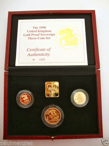 1990 GOLD PROOF THREE COIN SET COLLECTION £2 SOVEREIGN 1/2 HALF SOVEREIGN