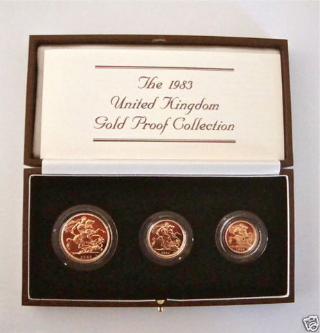 1983 GOLD PROOF THREE COIN SET COLLECTION £2 SOVEREIGN 1/2 HALF SOVEREIGN