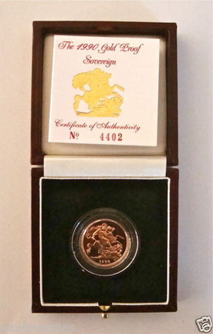 1990 QUEEN ELIZABETH II GOLD FULL PROOF SOVEREIGN with BOX & COA