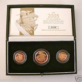 2005 GOLD PROOF THREE COIN SET COLLECTION £2 SOVEREIGN 1/2 HALF SOVEREIGN