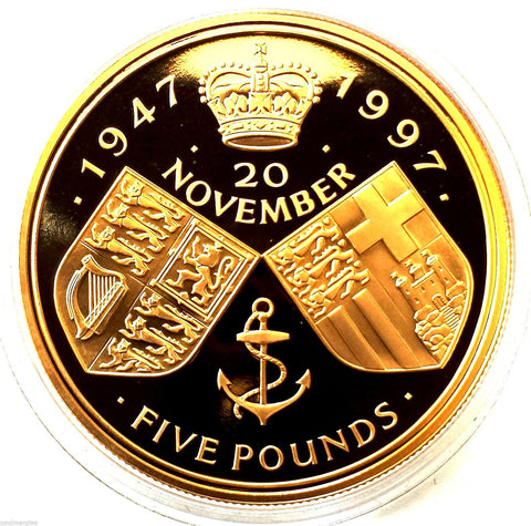 1997 QE2 GOLDEN WEDDING ANNIVERSARY FIVE POUND GOLD PROOF CROWN BOX & COA FDC