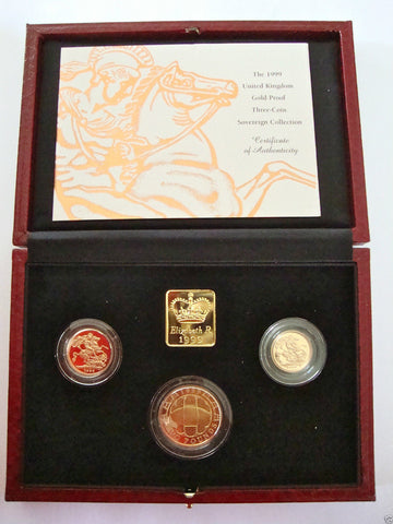 1999 GOLD PROOF THREE COIN SET COLLECTION £2 SOVEREIGN 1/2 HALF SOVEREIGN