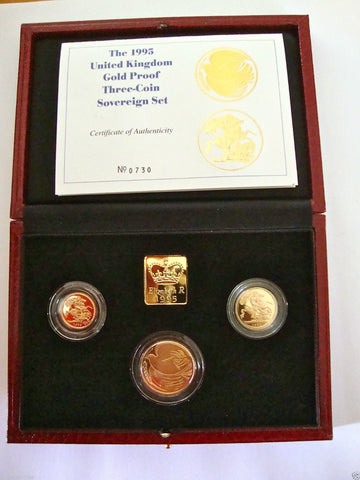 1995 GOLD PROOF THREE COIN SET COLLECTION £2 SOVEREIGN 1/2 HALF SOVEREIGN