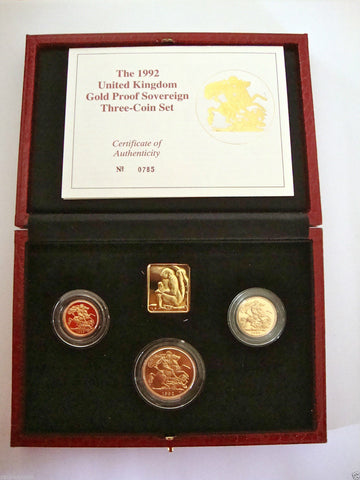 1992 GOLD PROOF THREE COIN SET COLLECTION £2 SOVEREIGN 1/2 HALF SOVEREIGN