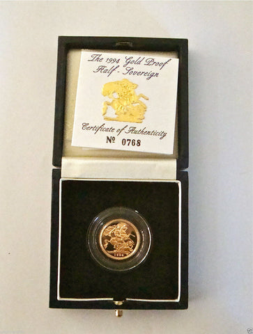 1994 ROYAL MINT ST GEORGE SOLID 22K GOLD PROOF HALF SOVEREIGN COIN BOX COA