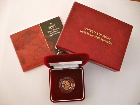 2001 ROYAL MINT ST GEORGE SOLID 22K GOLD PROOF HALF SOVEREIGN COIN BOX COA