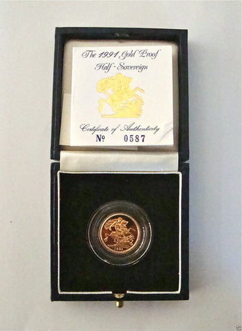 1991 ROYAL MINT ST GEORGE SOLID 22K GOLD PROOF HALF SOVEREIGN COIN BOX COA