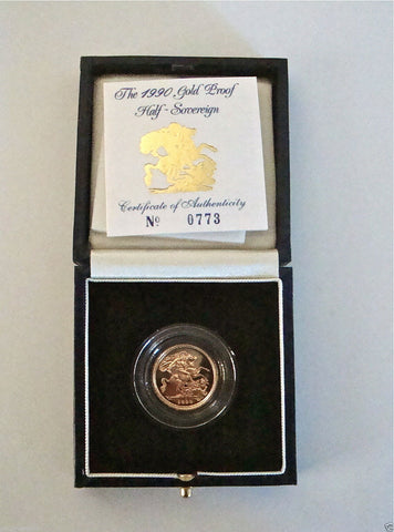 1990 ROYAL MINT ST GEORGE SOLID 22K GOLD PROOF HALF SOVEREIGN COIN BOX COA