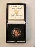 1998 ROYAL MINT ST GEORGE SOLID 22K GOLD PROOF HALF SOVEREIGN COIN BOX COA