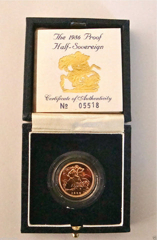 1986 ROYAL MINT ST GEORGE SOLID 22K GOLD PROOF HALF SOVEREIGN COIN BOX COA