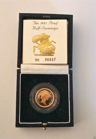 1985 ROYAL MINT ST GEORGE SOLID 22K GOLD PROOF HALF SOVEREIGN COIN BOX COA