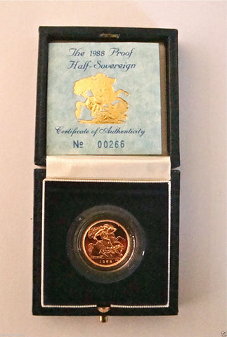 1988 ROYAL MINT ST GEORGE SOLID 22K GOLD PROOF HALF SOVEREIGN COIN BOX COA