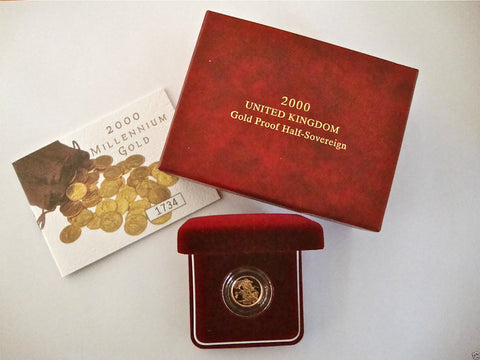 2000 ROYAL MINT ST GEORGE SOLID 22K GOLD PROOF HALF SOVEREIGN COIN BOX COA