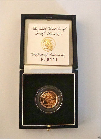 1996 ROYAL MINT ST GEORGE SOLID 22K GOLD PROOF HALF SOVEREIGN COIN BOX COA