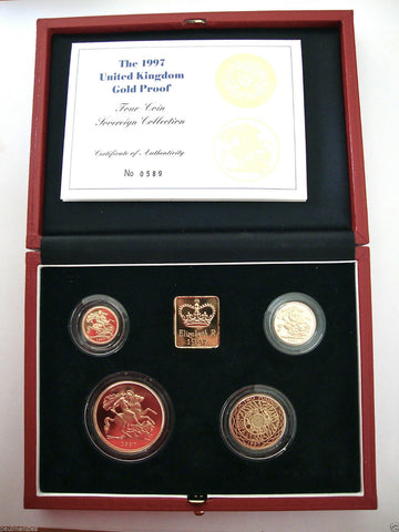 1997 GOLD PROOF FOUR COIN SET £5 £2 BI-METAL, SOVEREIGN 1/2 HALF SOVEREIGN