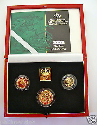 2001 GOLD PROOF THREE COIN SET COLLECTION £2 SOVEREIGN 1/2 HALF SOVEREIGN